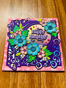 Happy Birthday Card with Pink and Blue Floral Arrangement - A Blossoming Wish for a Joyful Year
