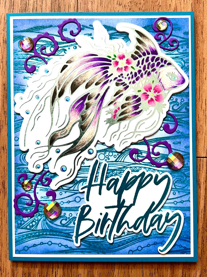 Foiled Outline Purple Betta Fish Birthday Card, Elegant Aquatic Design for a Memorable Celebration