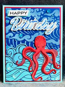 Red Octopus Wave Background Birthday Card, Striking Nautical Theme for an Adventurous Birthday Celebration