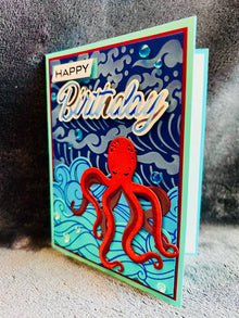 Red Octopus Wave Background Birthday Card, Striking Nautical Theme for an Adventurous Birthday Celebration
