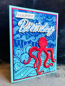 Red Octopus Wave Background Birthday Card, Striking Nautical Theme for an Adventurous Birthday Celebration