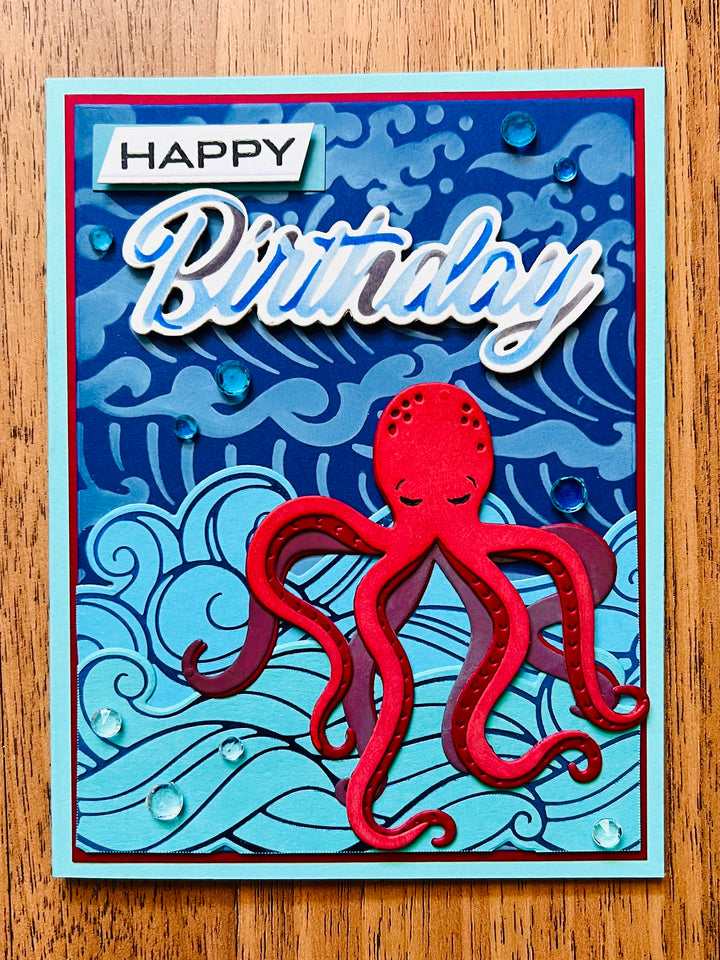 Red Octopus Wave Background Birthday Card, Striking Nautical Theme for an Adventurous Birthday Celebration