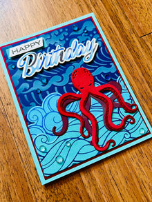 Red Octopus Wave Background Birthday Card, Striking Nautical Theme for an Adventurous Birthday Celebration