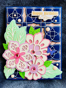 Ornate Florals on Navy Geometric Foiled Background Birthday Card, Elegant Design for a Sophisticated Celebration