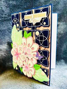 Ornate Florals on Navy Geometric Foiled Background Birthday Card, Elegant Design for a Sophisticated Celebration