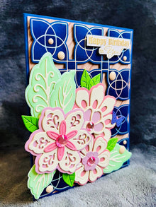 Ornate Florals on Navy Geometric Foiled Background Birthday Card, Elegant Design for a Sophisticated Celebration