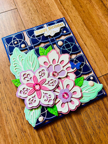 Ornate Florals on Navy Geometric Foiled Background Birthday Card, Elegant Design for a Sophisticated Celebration
