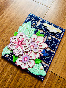 Ornate Florals on Navy Geometric Foiled Background Birthday Card, Elegant Design for a Sophisticated Celebration