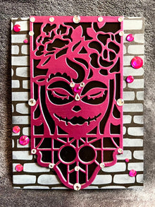 Pink Sugar Skull Girl Card: Diecut Banner, Embellished Gems