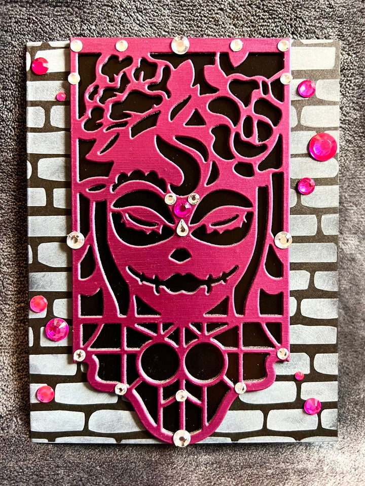Pink Sugar Skull Girl Card: Diecut Banner, Embellished Gems