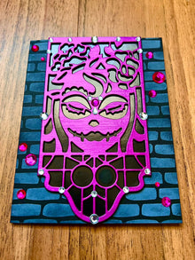 Pink Sugar Skull Girl Card: Diecut Banner, Embellished Gems