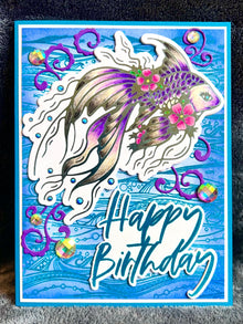 Foiled Outline Purple Betta Fish Birthday Card, Elegant Aquatic Design for a Memorable Celebration