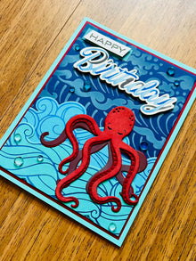 Red Octopus Wave Background Birthday Card, Striking Nautical Theme for an Adventurous Birthday Celebration