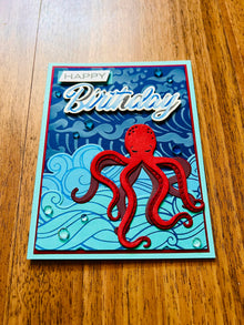 Red Octopus Wave Background Birthday Card, Striking Nautical Theme for an Adventurous Birthday Celebration