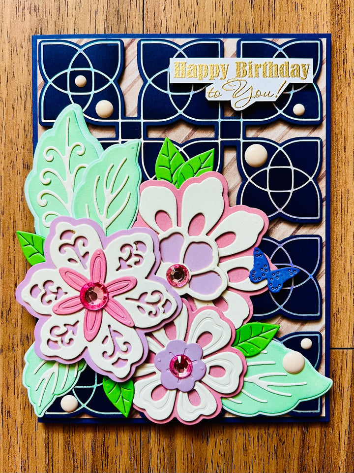 Ornate Florals on Navy Geometric Foiled Background Birthday Card, Elegant Design for a Sophisticated Celebration