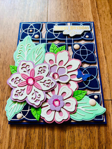 Ornate Florals on Navy Geometric Foiled Background Birthday Card, Elegant Design for a Sophisticated Celebration