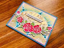 Radiant Oval Stained Glass Rose Birthday Blessings Card - A Luminescent Wish for Your Special Day