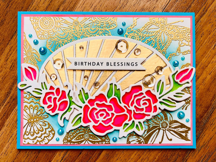 Radiant Oval Stained Glass Rose Birthday Blessings Card - A Luminescent Wish for Your Special Day
