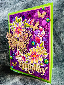 Gold Butterfly Floral Wreath Birthday Card - Green & Purple