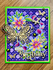 Gold Butterfly Floral Wreath Birthday Card - Green & Purple