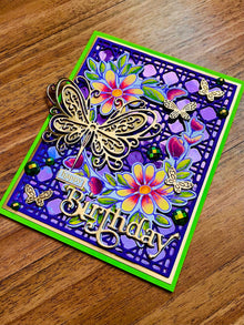 Gold Butterfly Floral Wreath Birthday Card - Green & Purple