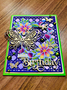 Gold Butterfly Floral Wreath Birthday Card - Green & Purple