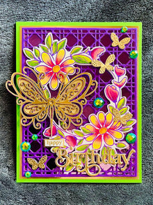 Gold Butterfly Floral Wreath Birthday Card - Green & Purple
