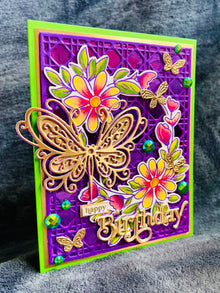 Gold Butterfly Floral Wreath Birthday Card - Green & Purple