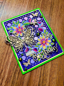 Gold Butterfly Floral Wreath Birthday Card - Green & Purple