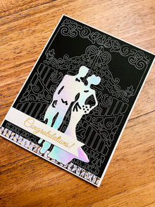 Holographic Bride and Groom Wedding Card: Elegant Gate Design
