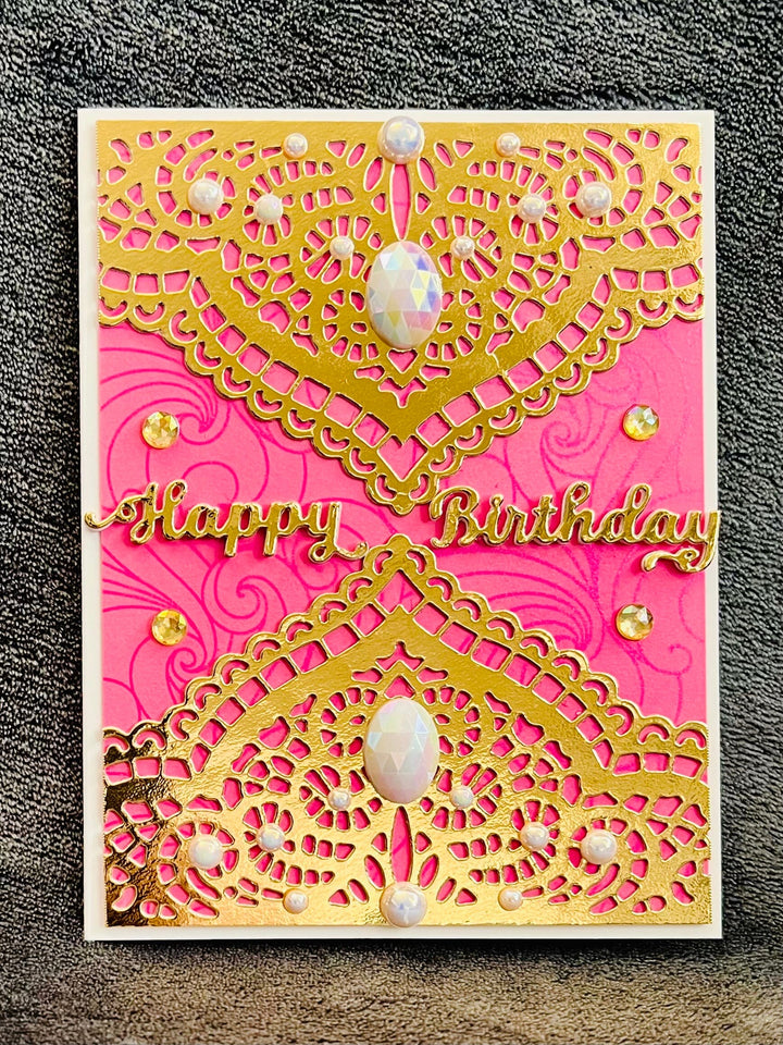 Gold Doily Birthday Card: Elegant Pearl Accents