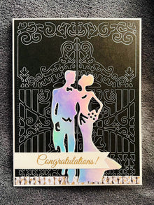 Holographic Bride and Groom Wedding Card: Elegant Gate Design