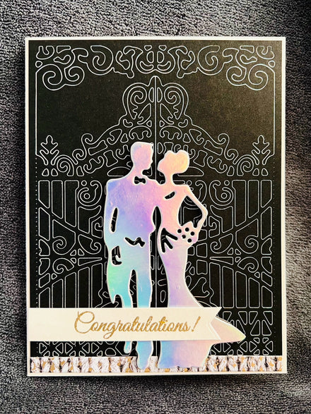 Holographic Bride and Groom Wedding Card: Elegant Gate Design