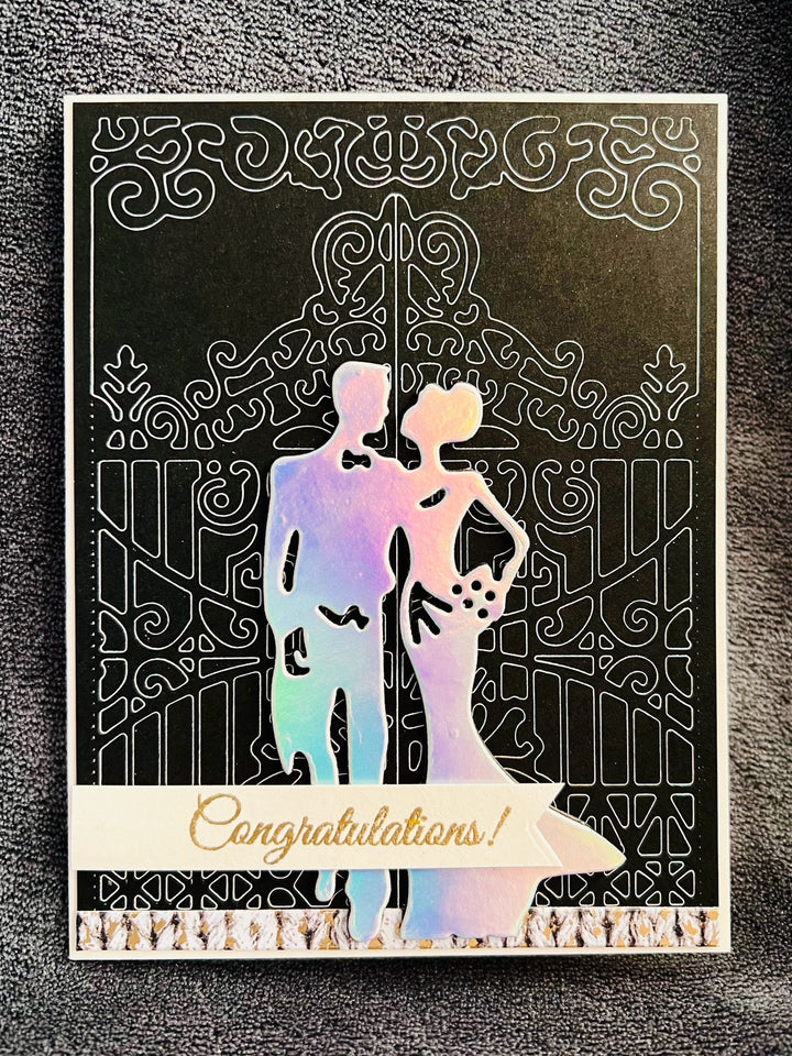 Holographic Bride and Groom Wedding Card: Elegant Gate Design