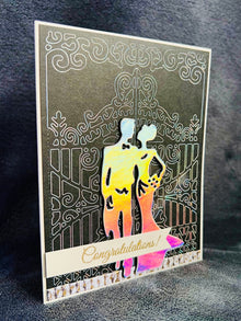 Holographic Bride and Groom Wedding Card: Elegant Gate Design