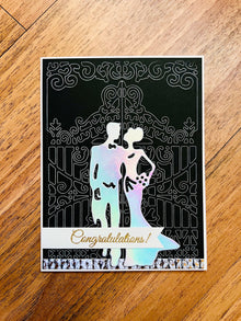 Holographic Bride and Groom Wedding Card: Elegant Gate Design