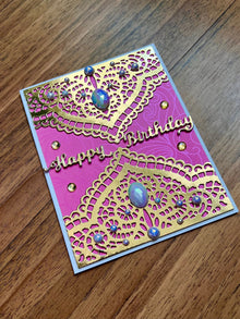 Gold Doily Birthday Card: Elegant Pearl Accents