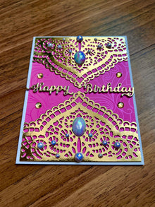 Gold Doily Birthday Card: Elegant Pearl Accents