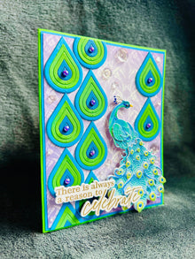Peacock Celebrate Card: Blue & Green Teardrop Design