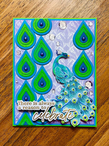 Peacock Celebrate Card: Blue & Green Teardrop Design