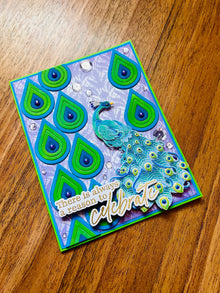 Peacock Celebrate Card: Blue & Green Teardrop Design