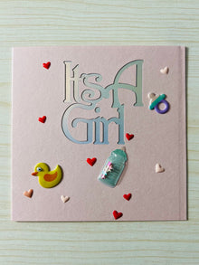 It's a Girl Greeting Card: Rubber Ducky, Baby Bottle Accents