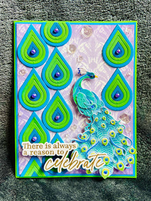 Peacock Celebrate Card: Blue & Green Teardrop Design