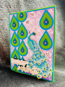 Peacock Celebrate Card: Blue & Green Teardrop Design