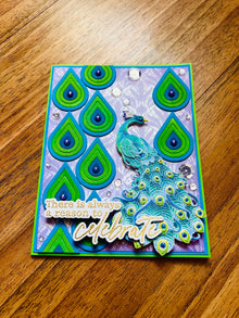 Peacock Celebrate Card: Blue & Green Teardrop Design