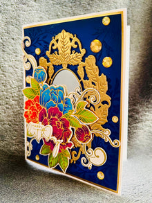 Golden Mirror Birthday Card with Triple Floral Cluster - A Reflective Celebration of Another Year