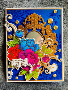 Golden Mirror Birthday Card with Triple Floral Cluster - A Reflective Celebration of Another Year
