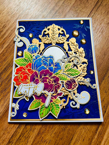 Golden Mirror Birthday Card with Triple Floral Cluster - A Reflective Celebration of Another Year