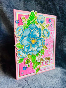 Blue Floral Birthday Card: Pink Filigree, Gem Accents