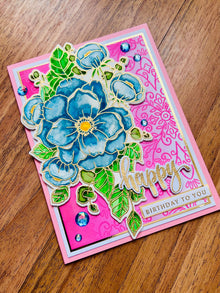 Blue Floral Birthday Card: Pink Filigree, Gem Accents